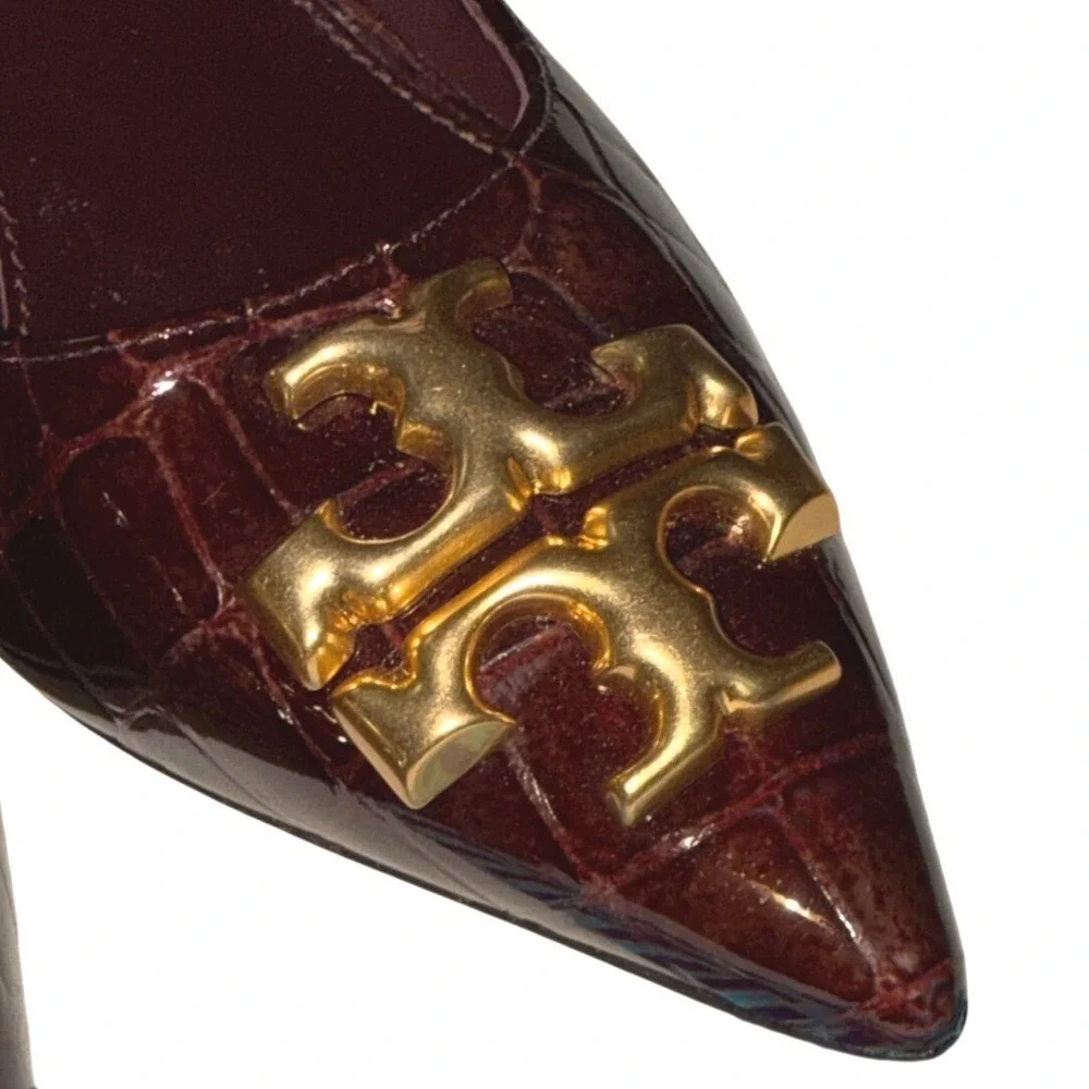 Tory Burch Eleanor Womens 6.5M Pre-Owned Heels Burgundy Croc Embossed Gold Logo